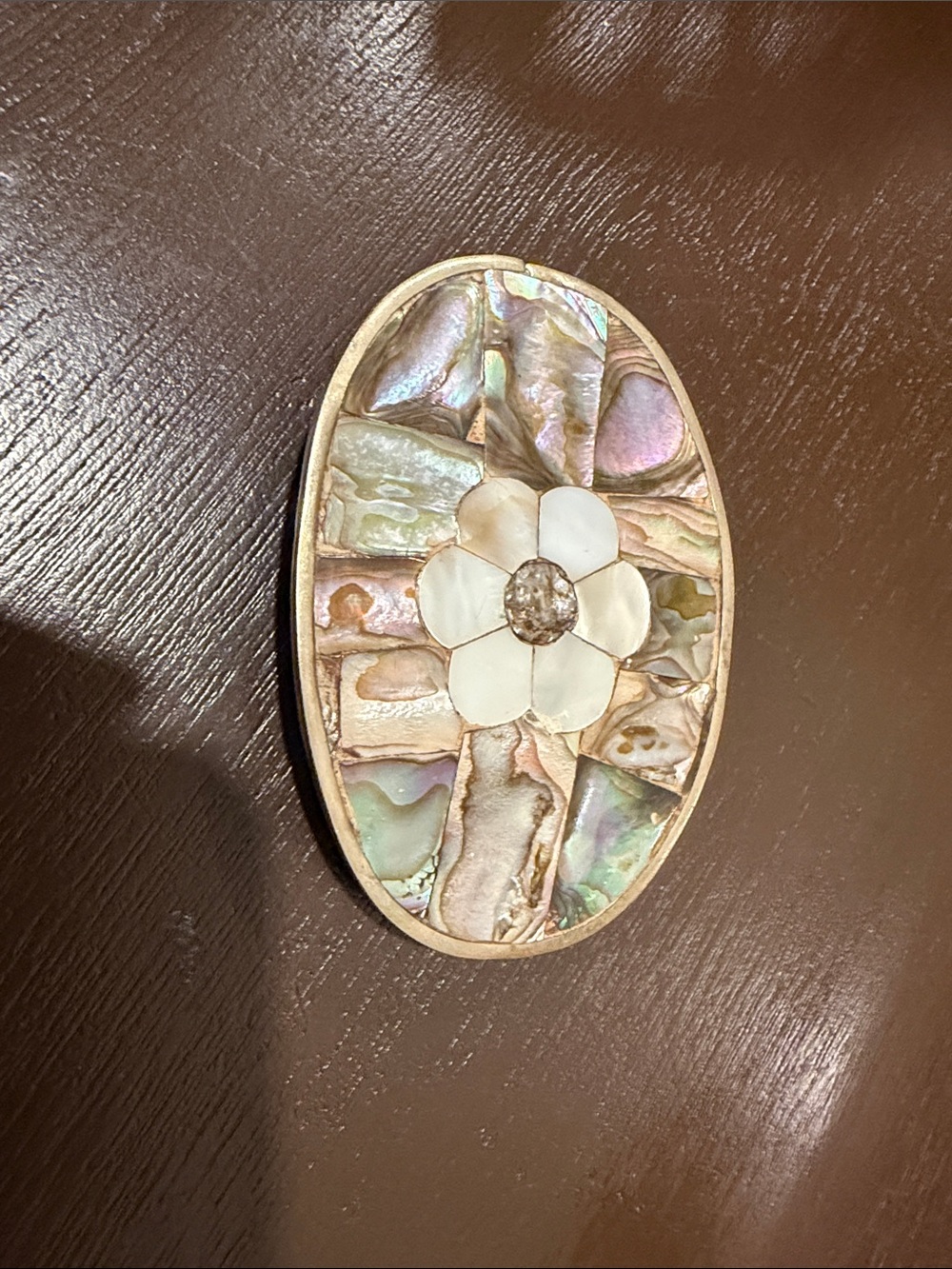 Iridescent Abalone Flower Oval Belt Buckle - Gold-Tone